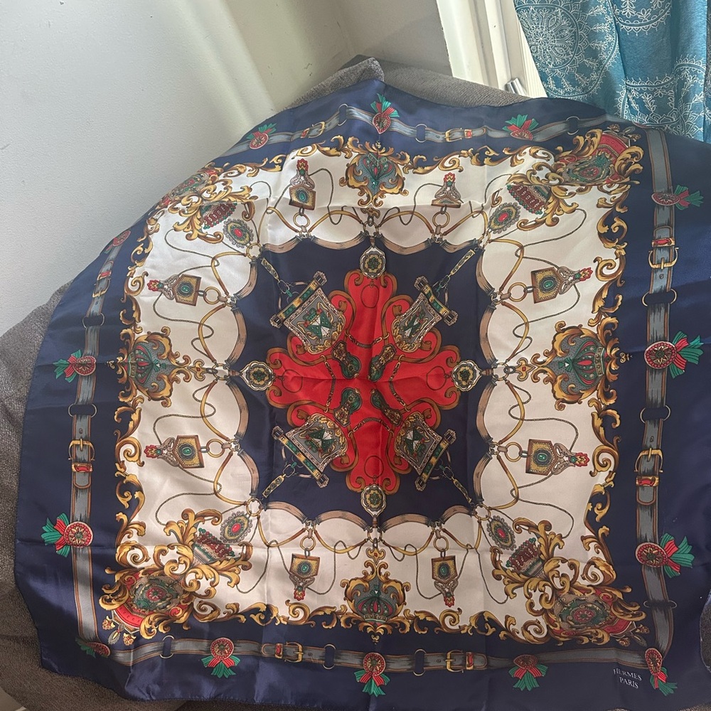 Hermes Scarf with Red, Blue, and Gold Design - Picture 5 of 5